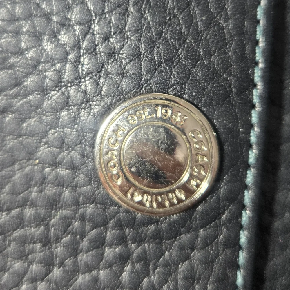 Coach Black Leather Small Wallet with Teal Stitching
